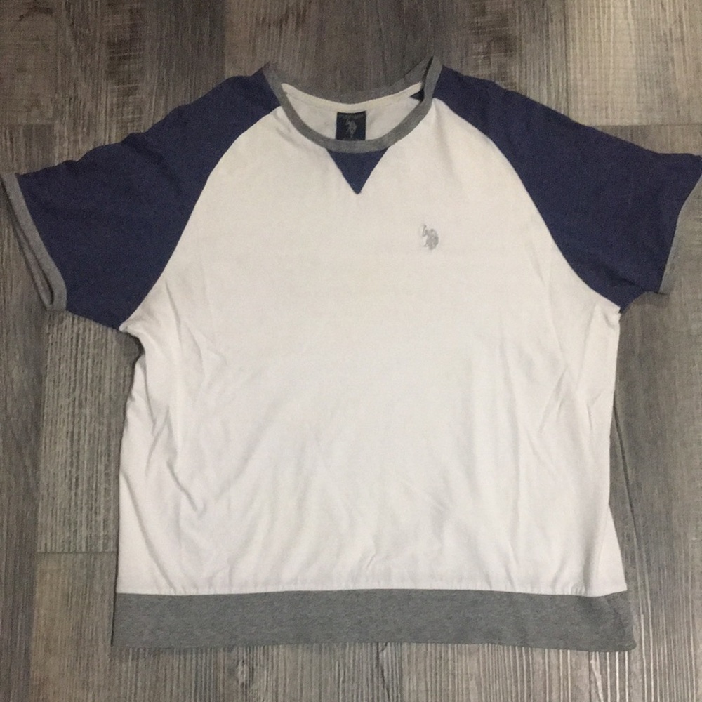 U S Polo White and Blue Raglan Shirt.